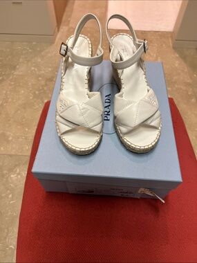 Prada White Leather Espadrille Wedge Sandals
